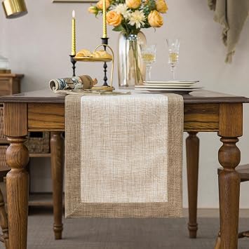 GLORY SEASON Solid Bordered Retro Table Runner Classic Textured Linen Style Rustic Washable Long Tablecloth Farmhouse Tea Table Runner Dresser Scarves for Kitchen Dining Room 14x72 Inch
