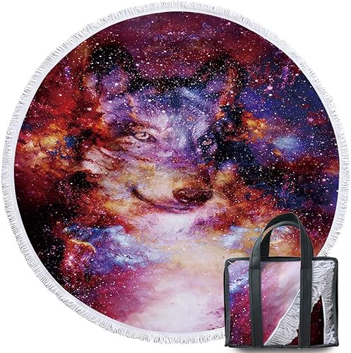 Sleepwish Toalla de playa de lobo, tapiz redondo de animales de galaxia, manta de playa, toalla de toalla de playa, círculo, esterilla de yoga con