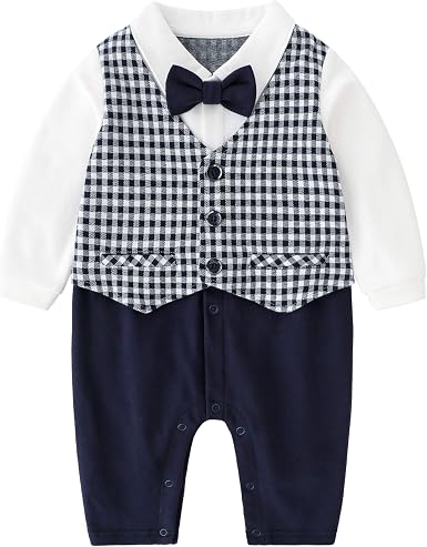 Amazon.com: Mameluco de caballero con pajarita de esmoquin para bebés  recién nacidos con manga larga a cuadros, Azul / Patchwork, 18-24 meses :  Ropa, Zapatos y Joyería