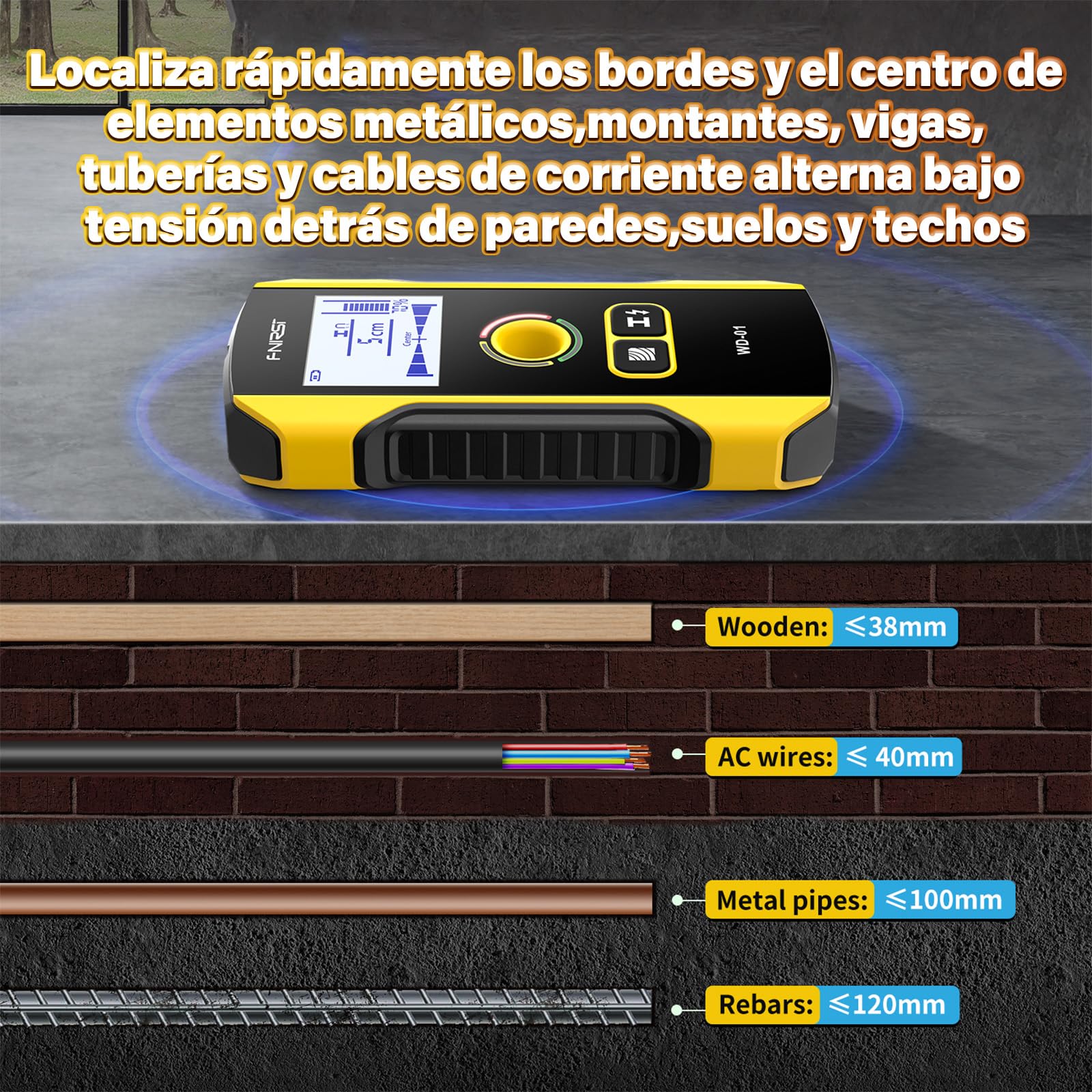 WD-01 Detector Cables y Tuberias,Escáner de Paredes,3 en 1 Metal/Cables de CA/Madera Detector de tuberias de Agua,Chip antiinterferencias HPC,Pantalla LCD VA de segmentos Negativos,Apagado Automático