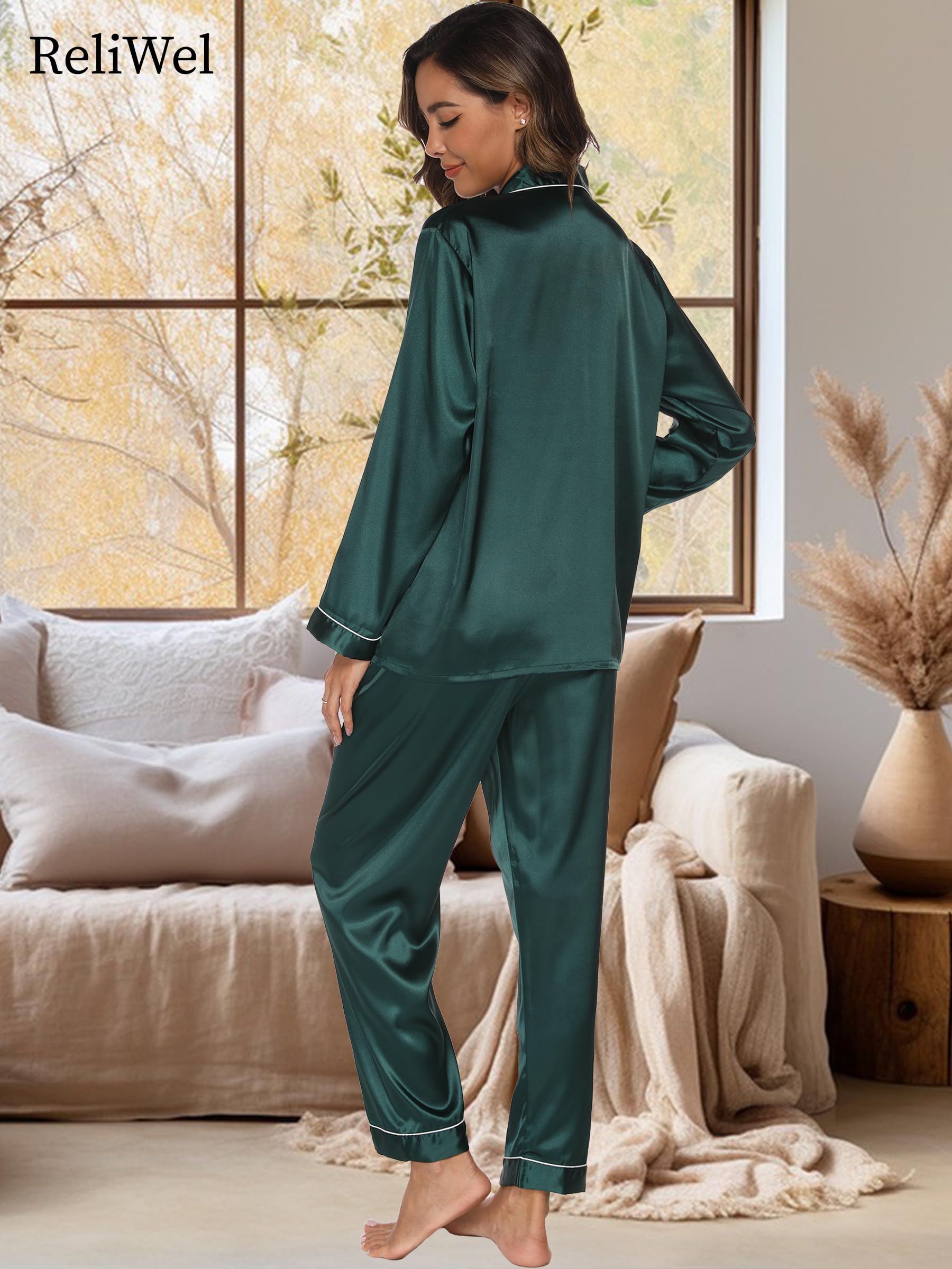 Reliwel Pigiama Donna Estivo Pigiami da Donna Due Pezzi a Maniche Lunghe Pantaloni in Raso Morbidissimo Scollo V Aperto Davanti con Bottoni e Borse Laterali