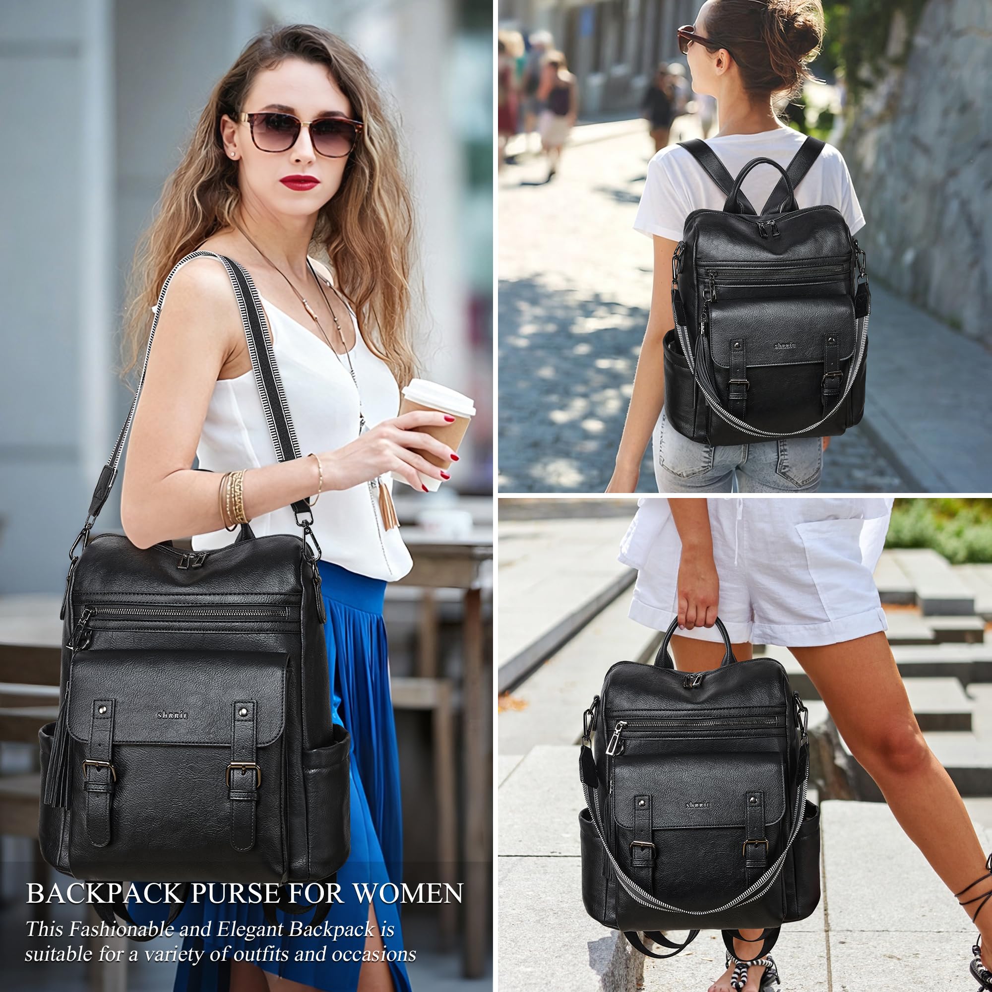 Shrrie Sac a Dos Femme en Cuir Vegan,Sacs à Main Portés Dos Antivol Imperméable Elegant Leger,Sacs à Dos Cartable avec Sangle de Guitare Amovible,Backpack Casual pour Voyage Travail Loisirs