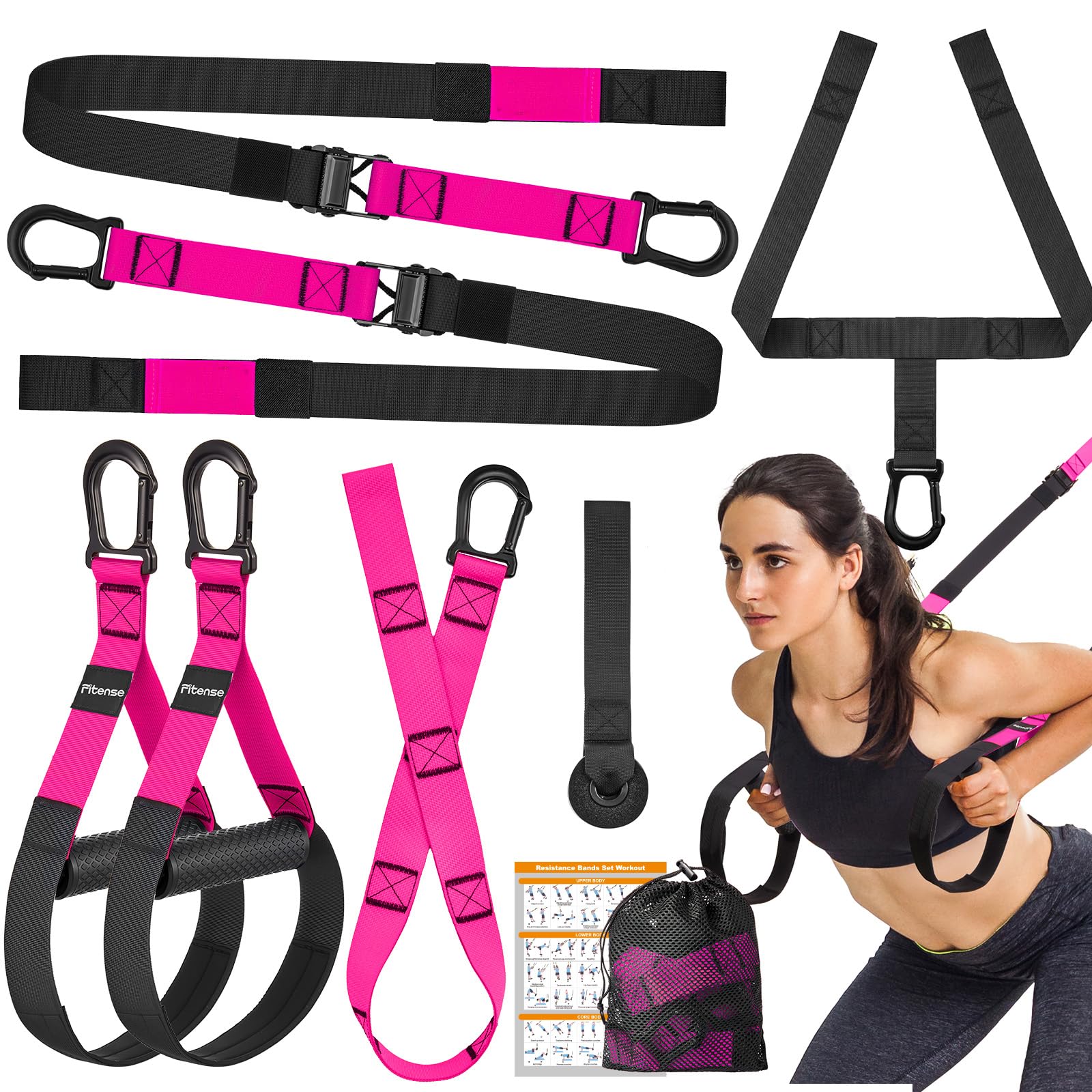 Fitense Schlingentrainer für Zuhause, Sling Trainer für Ganzkörpertraining, Slingtrainer Bänder für Krafttraining,Krafttrainingsausrüstung mit verstellbarer Verlängerung,Türbefestigung und Tragetasche