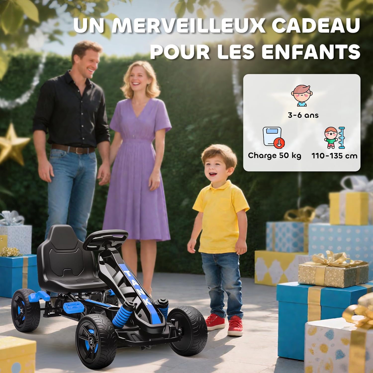 Child with parents, standing next to the go-kart with gift boxes in the background