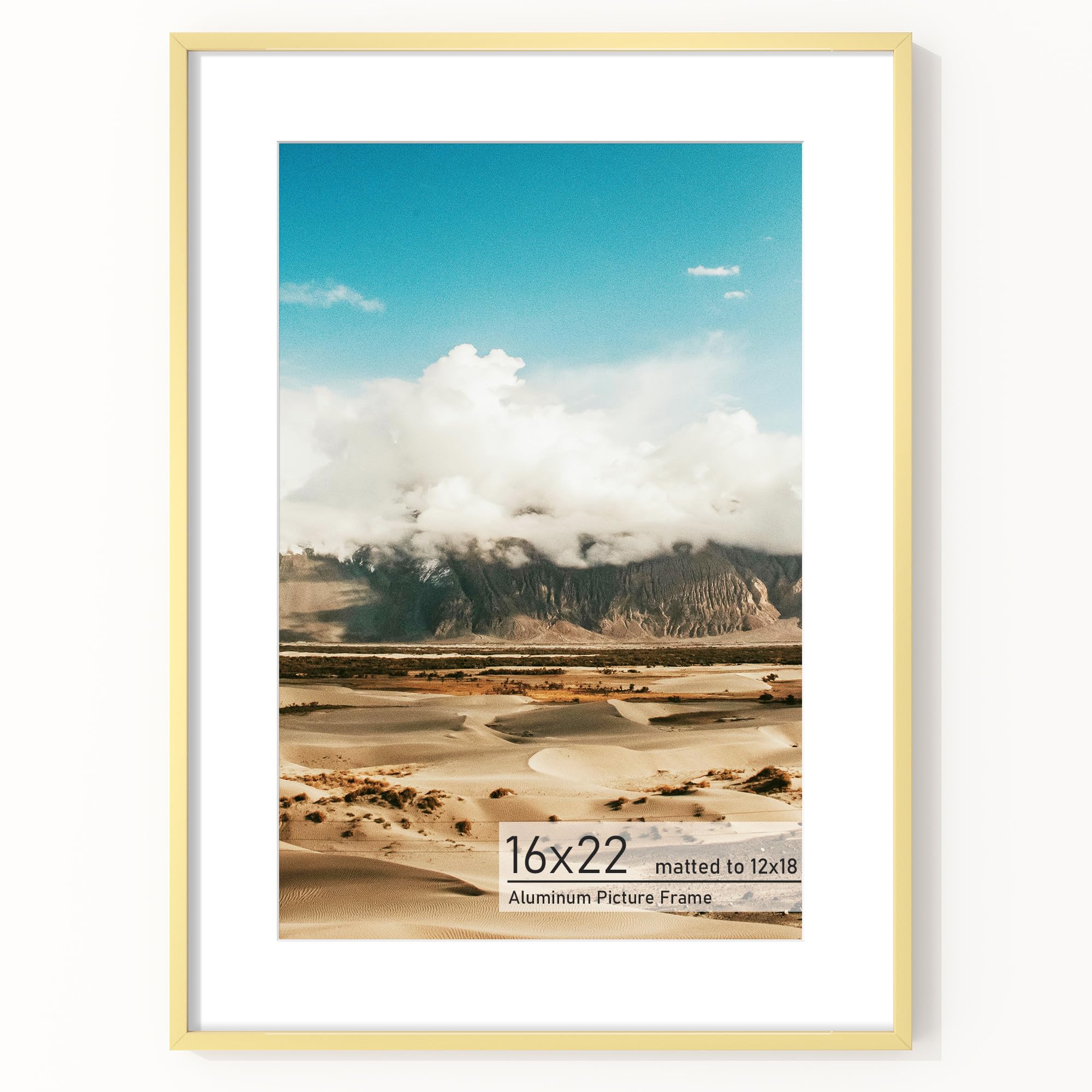 Acovy 16x22 Picture Frame, Aluminum Photo Frame Matted to 12x18, 16 x 22 Poster Frame with High Definition Tempered Glass, Metal Frame for Wall, Wall Hook Included