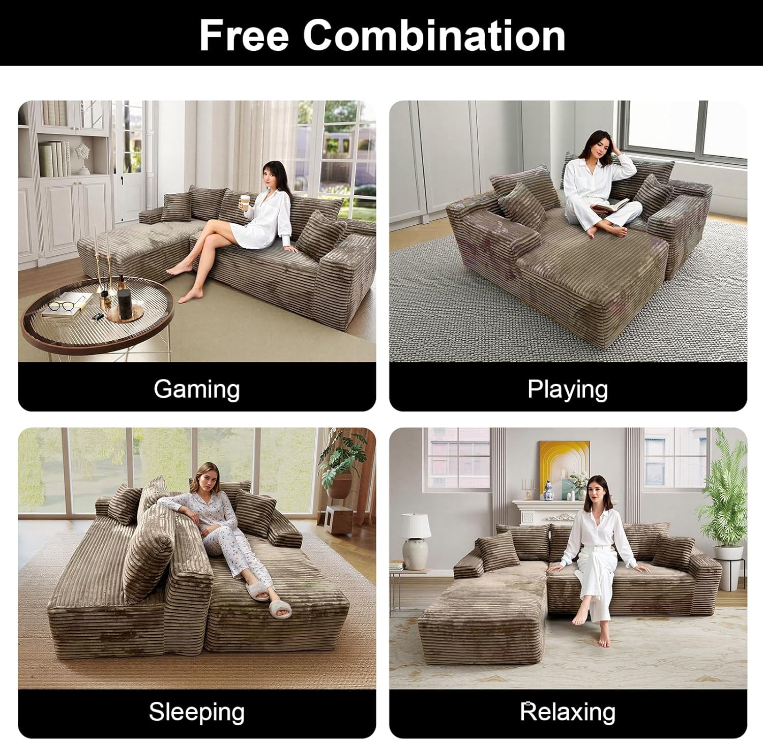 Rovibek 107.5” Boneless Couches for Living Room, Brown Couch with Chaise, Modular Sectional Sofa with Throw Pillow & Deep Seat, No Assembly Required Compressed Sofa