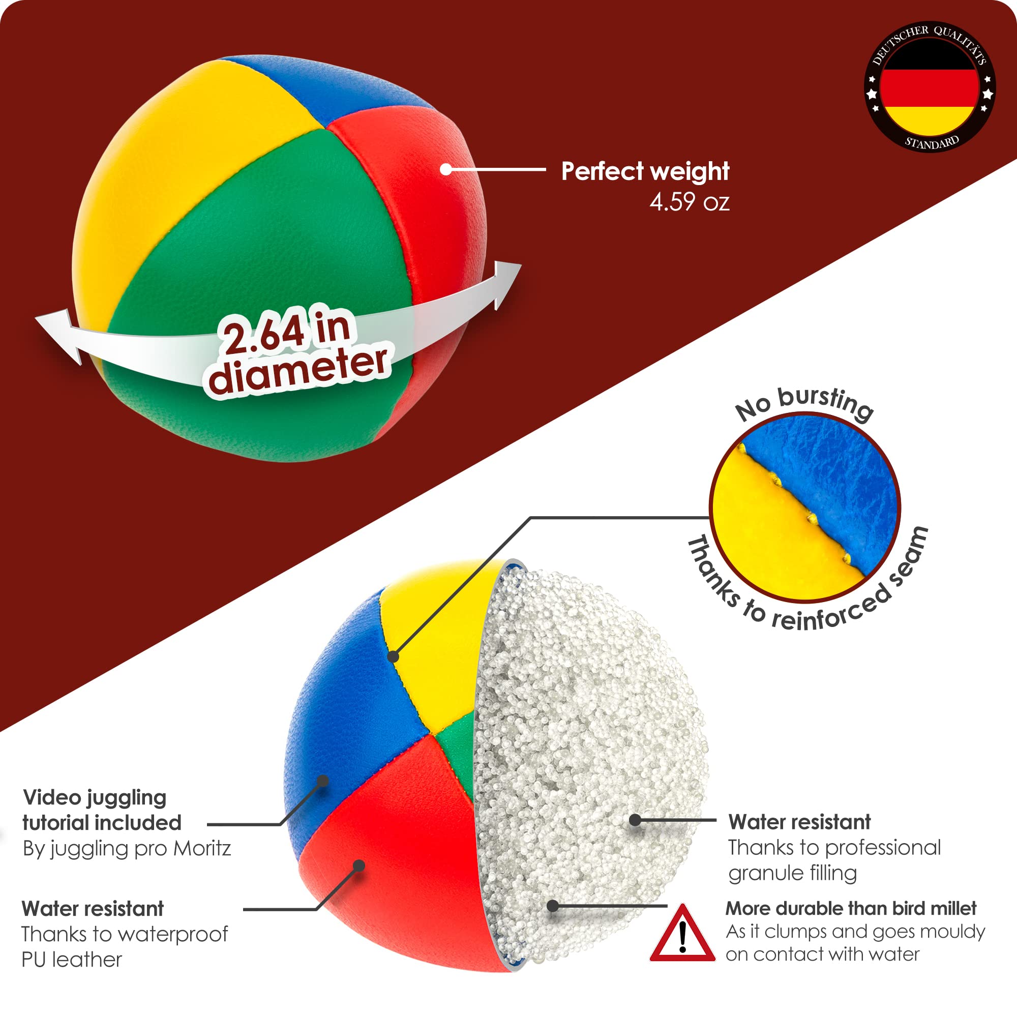 WEIDEBACH® Piłki do żonglowania, zestaw 3 szt. - Ø 67 mm i 130 g ciężkie - piłeczki do żonglowania, piłki do żonglerki z wodoodpornym wypełnieniem granulatem i trwałą sztuczną skórą, zestaw do żonglowania 3 piłkami, stabilne szwy