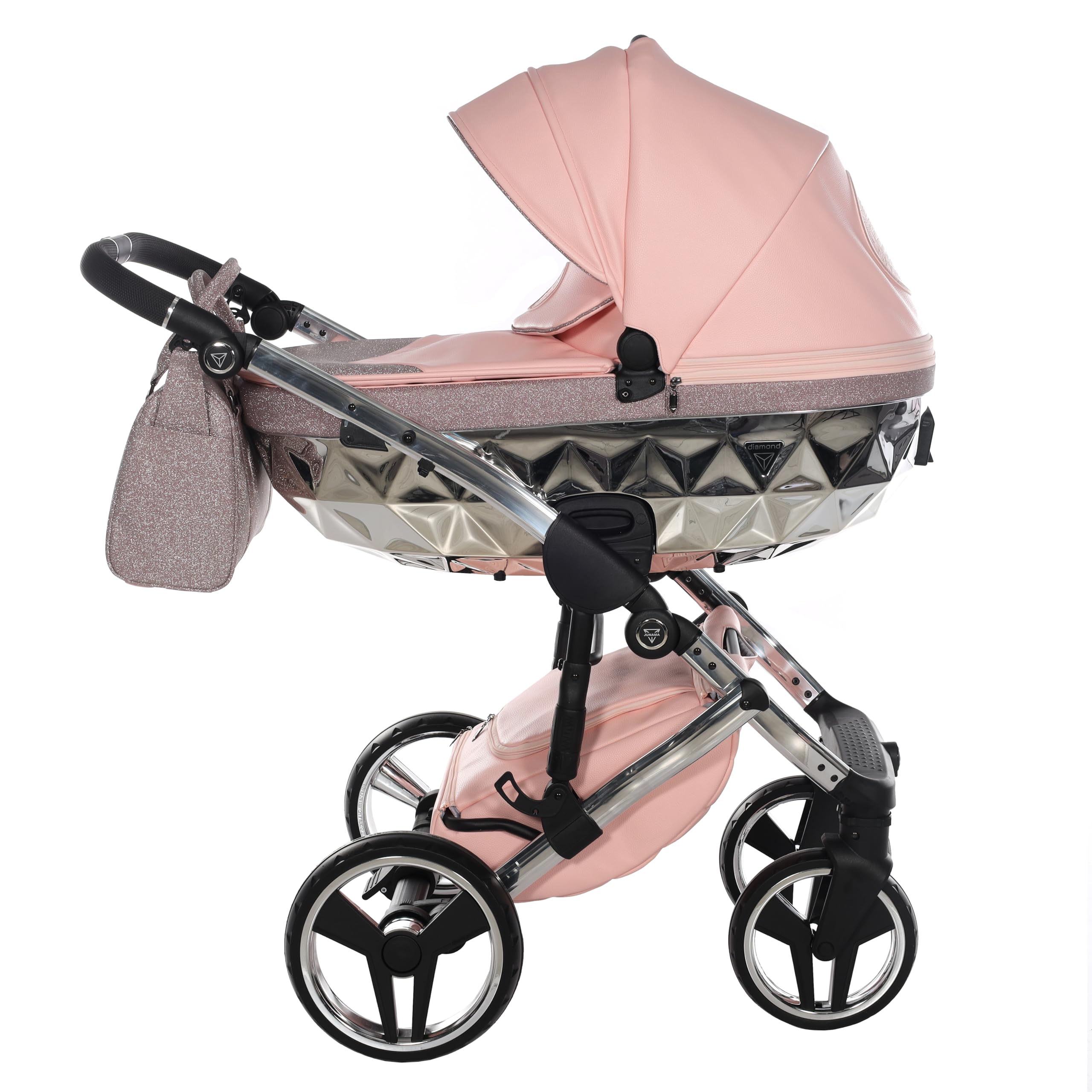 Junama Passeggino TRIO Hand Craft Glitter 01 Rosa e Argento - 2in1 3in1 4in1 + ombrellino (4 in 1 con Base ISOFIX)