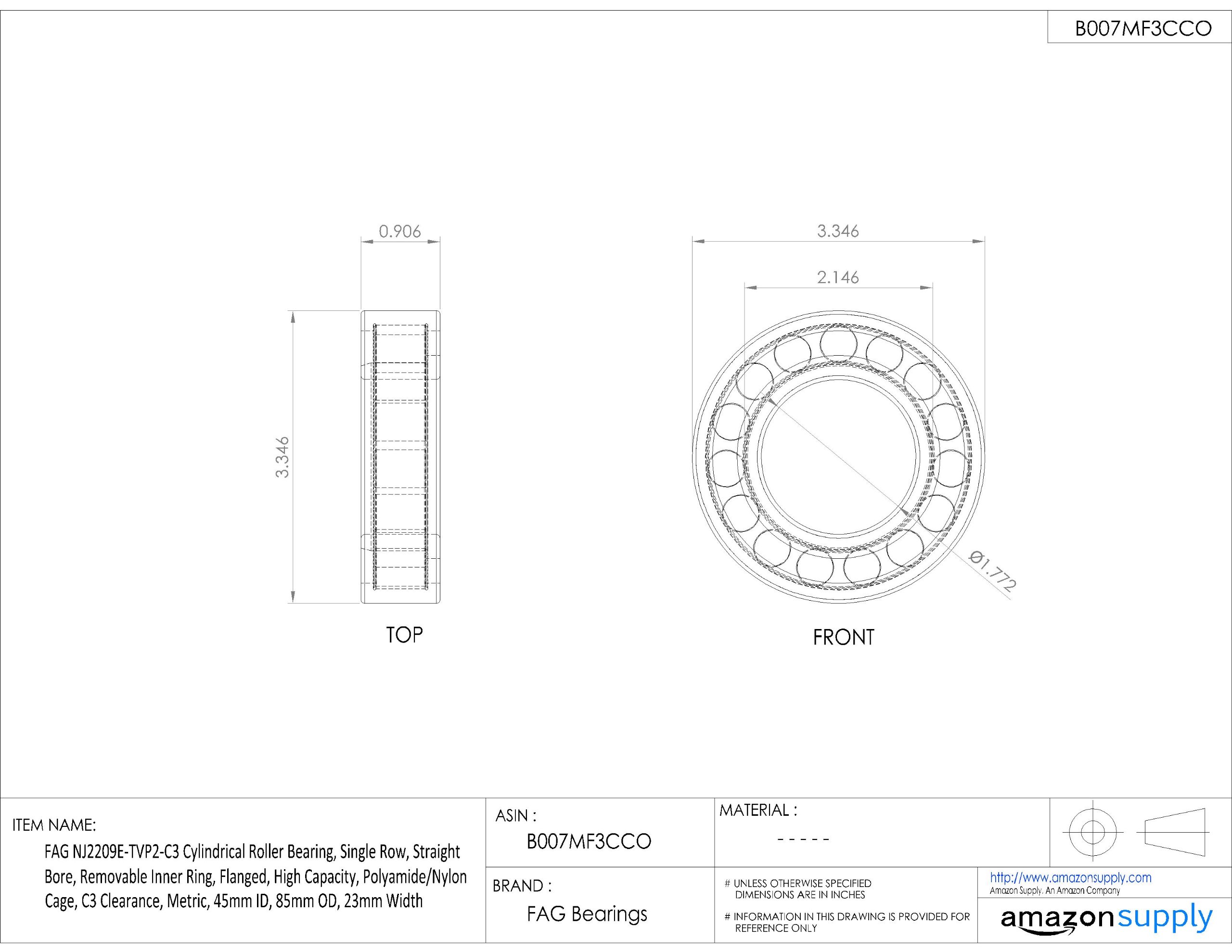FAG NJ2209E-TVP2-C3 Roulement à rouleaux cylindrique à une rangée - Alésage droit - Bague intérieure amovible - Bride - Haute capacité - Cage polyamide/nylon - Dégagement C3 - Métrique - 45 mm ID - Diamètre extérieur : 85 mm - Largeur : 23 mm
