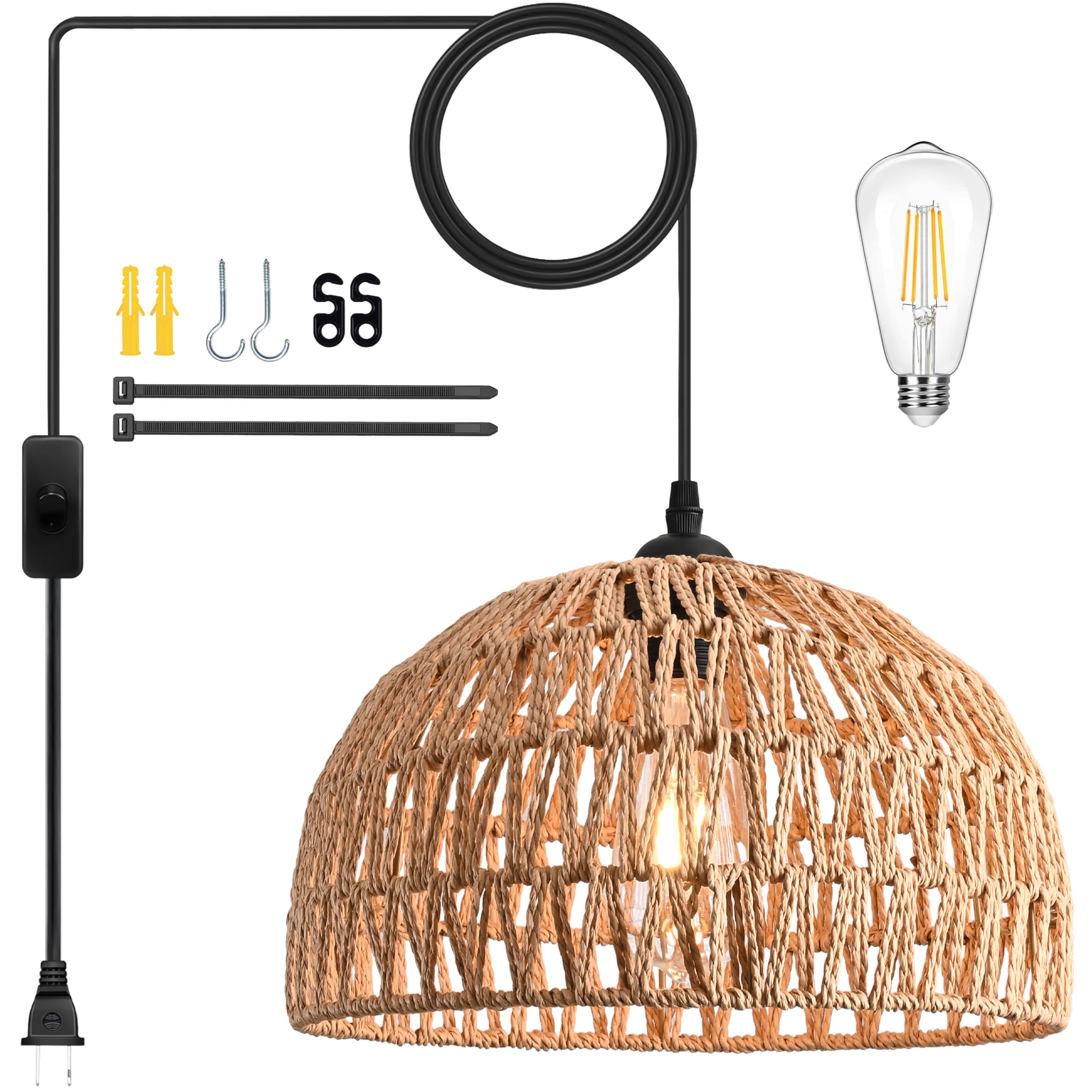 Photo 1 of Ayshwilldec Brown Rattan Light Fixture 15ft Plug In Pendant Light Woven Pendant Light Boho Chandelier Wicker Pendant Light Boho Pendant Light Plug In for Dining Room Kitchen Island Bedroom(Bulb Incl.)