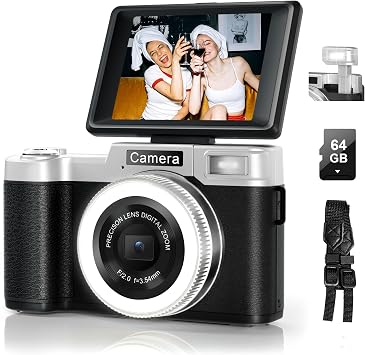 Yatao Digital Cameras for Photography and Vlogging, 4K 64MP Flip Screen, Use with LED Light, 64GB TF Card, Compact Photo WiFi Camera for YouTube Kit Travel, Beginners Silver-Black