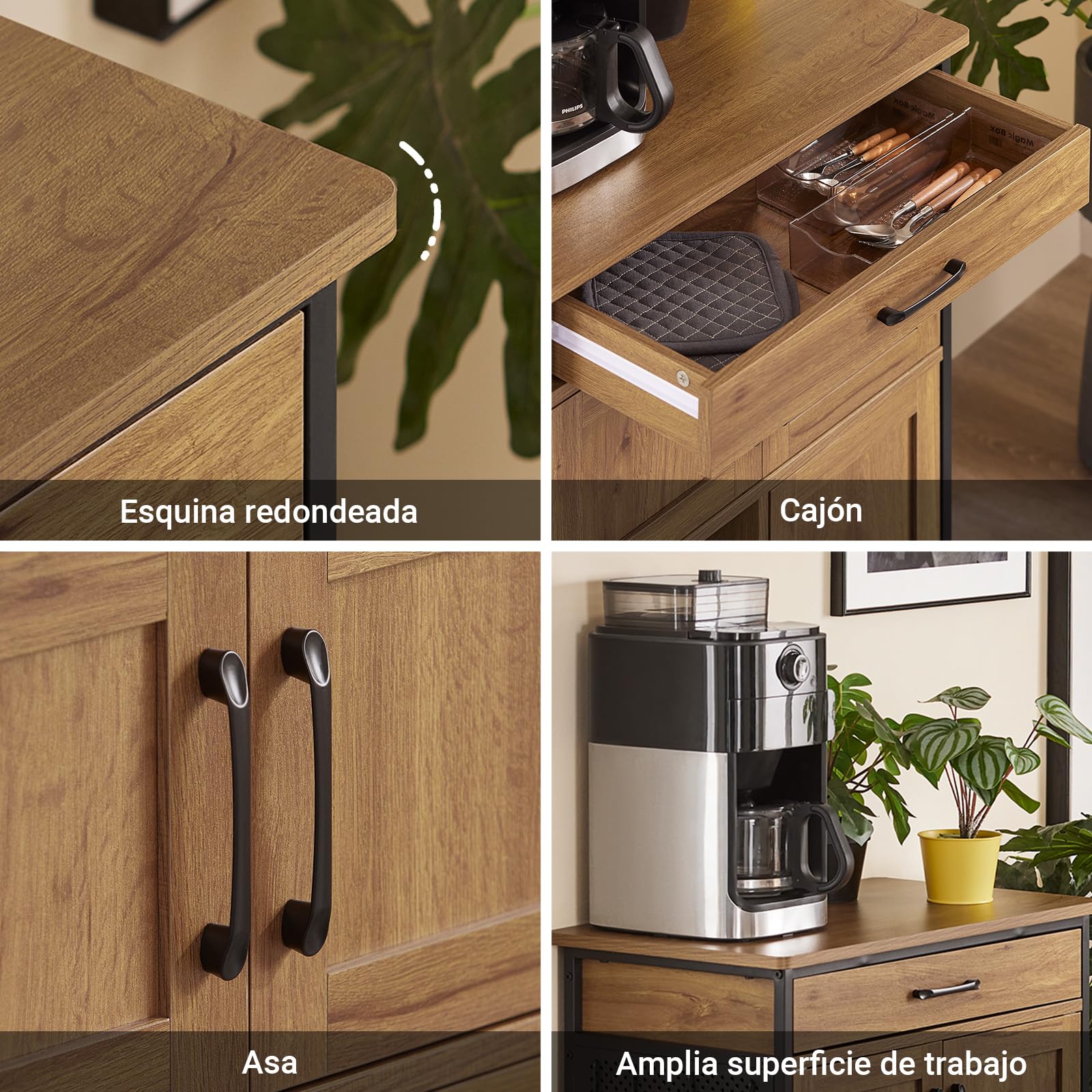 SoBuy Carrito Cocina con Ruedas con Freno & estantes Abiertos, 67x88x37cm | Carro Cocina Auxiliar con encimera, cajón & ganchos, carga 30 kg, estilo industrial, PB/metal, comedor/exterior, FKW134-N