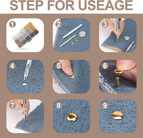 Miniatura 5 de 480 juegos de remaches para cuero, kit de remaches de cuero de 4 colores y 3 tamaños, remache de doble tapa con 4 herramientas de ajuste, adecuado