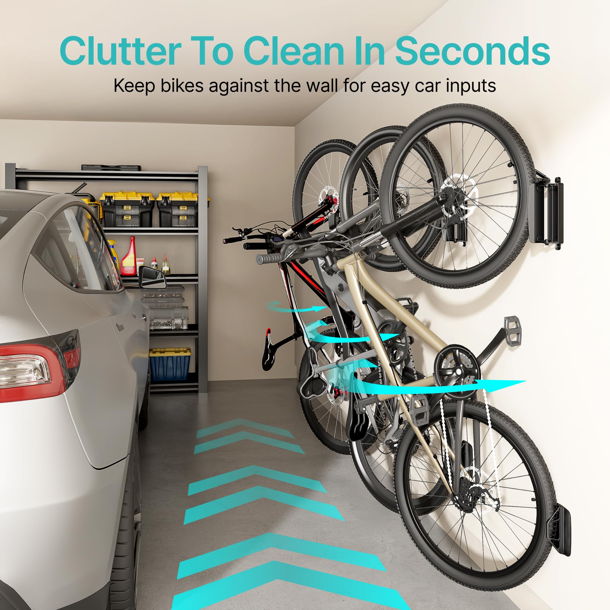 PEGZONE Paquete de 4 soportes de pared giratorios para bicicleta, colgadores de pared para garaje, soporte de pared para bicicletas, ahorro de espacio, soporte de pared estable, soporta hasta 35 kg