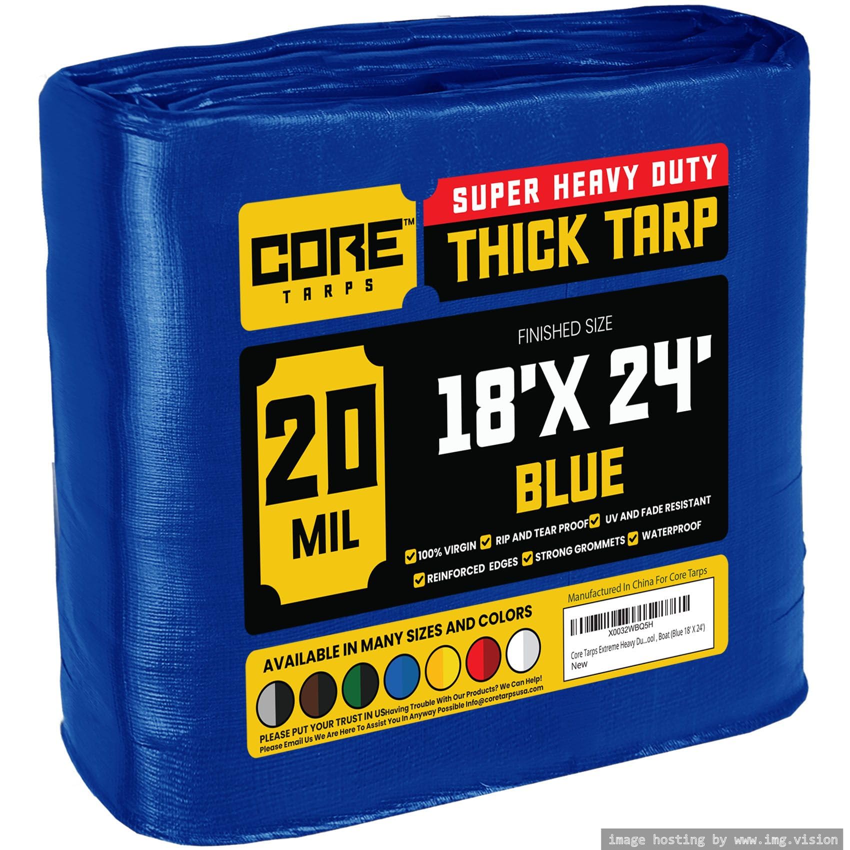 Core Tarps Extreme Heavy Duty 20 Mil Tarp Cover, Waterproof, UV Resistant, Rip and Tear Proof, Poly Tarpaulin with Reinforced Edges for Roof, Patio, Pool, Boat (Blue 18′ X 24′)