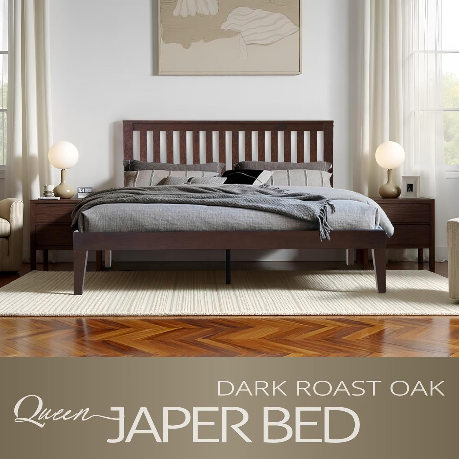 Queen Size Bed Frame with Headboard & Footboard, Solid Wood Platform Bed, Metal Legs, 12 Durable Slatted, Noise-Free & Anti-Slip, No Box Spring Needed, Easy Assembly, Dark Roast Oak Finish JPQ-32