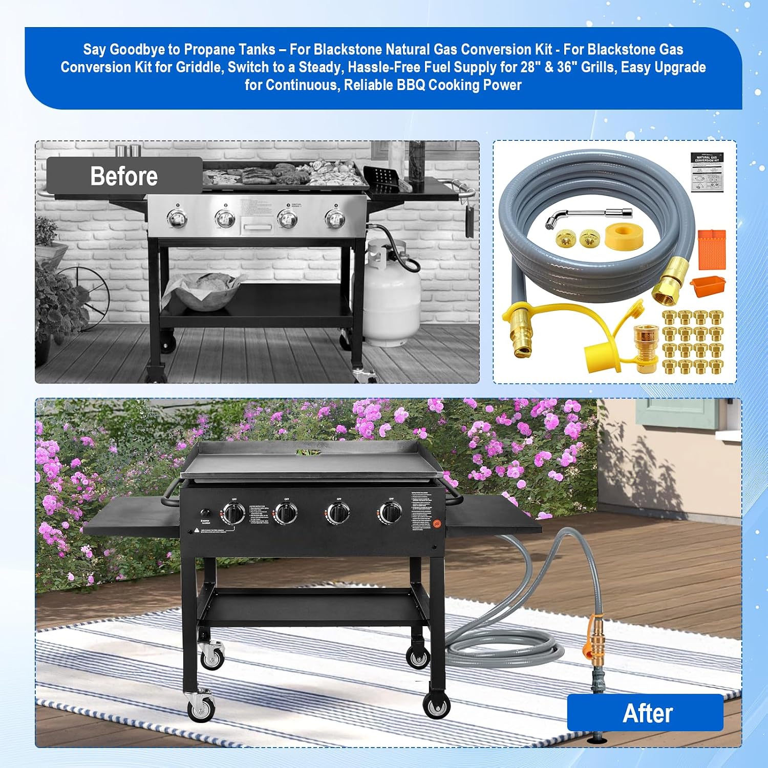5249 Natural Gas Conversion Kit for Blackstone Grill 28" 36" Griddle,for Blackstone Natural Gas Conversion Kit w/10 FT Natural Gas Hose,Silicone Grill Tool Mat,Grease Cup Liner,3/8" Quick Connect Etc.