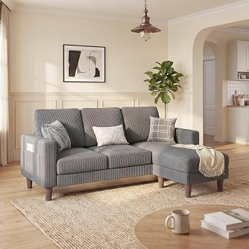 Homall 3 Seat Couch L Shape Sofa with Side Storage Pockage, Sectional Couches with Reversible Ottoma, Upholstered Sofa for Living Room and Small Spaces Corduroy, Silver Gray