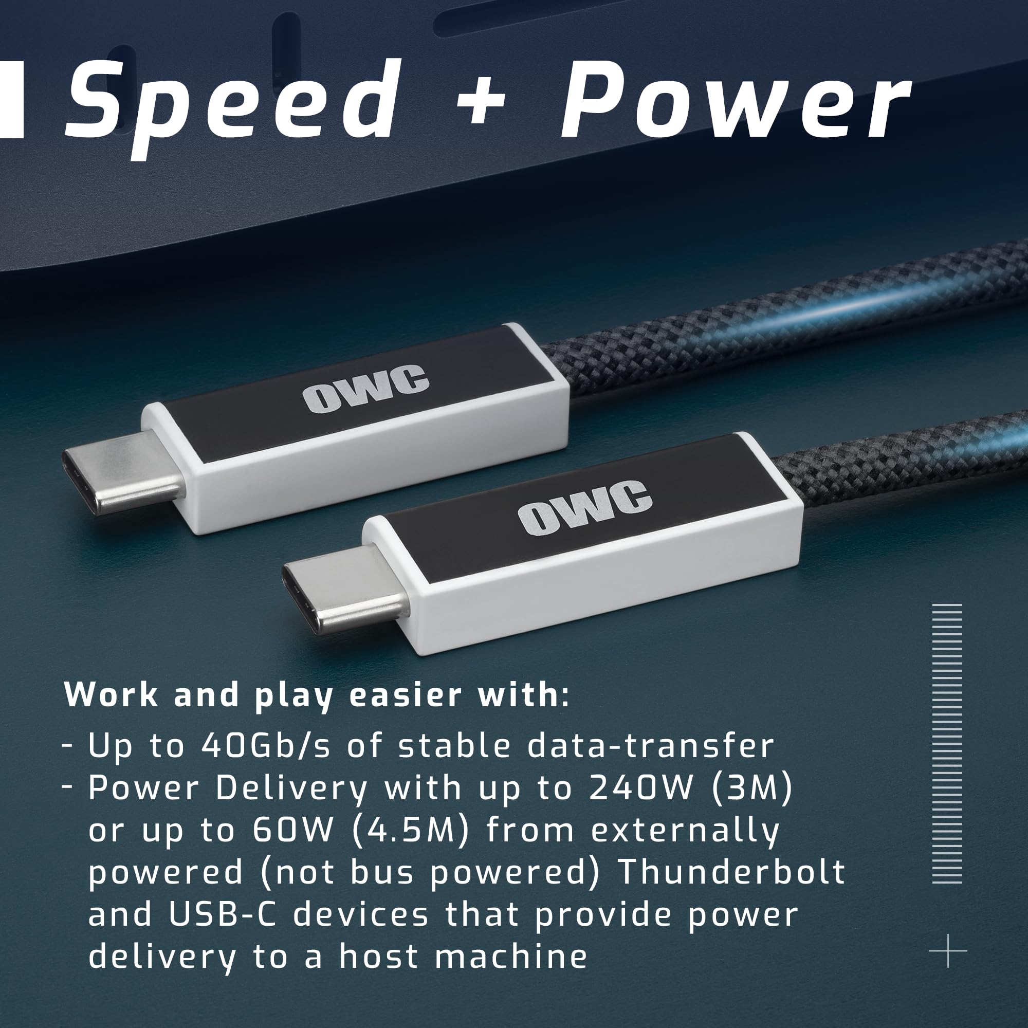 OWC Cable USB4 Óptico Activo USB-C 40Gb/s, Thunderbolt 4/3, 8K@60Hz, Carga 60W, Antiinterferencias, Trenzado de Nylon, para Dock, SSD, eGPU, Monitor – 4,5m