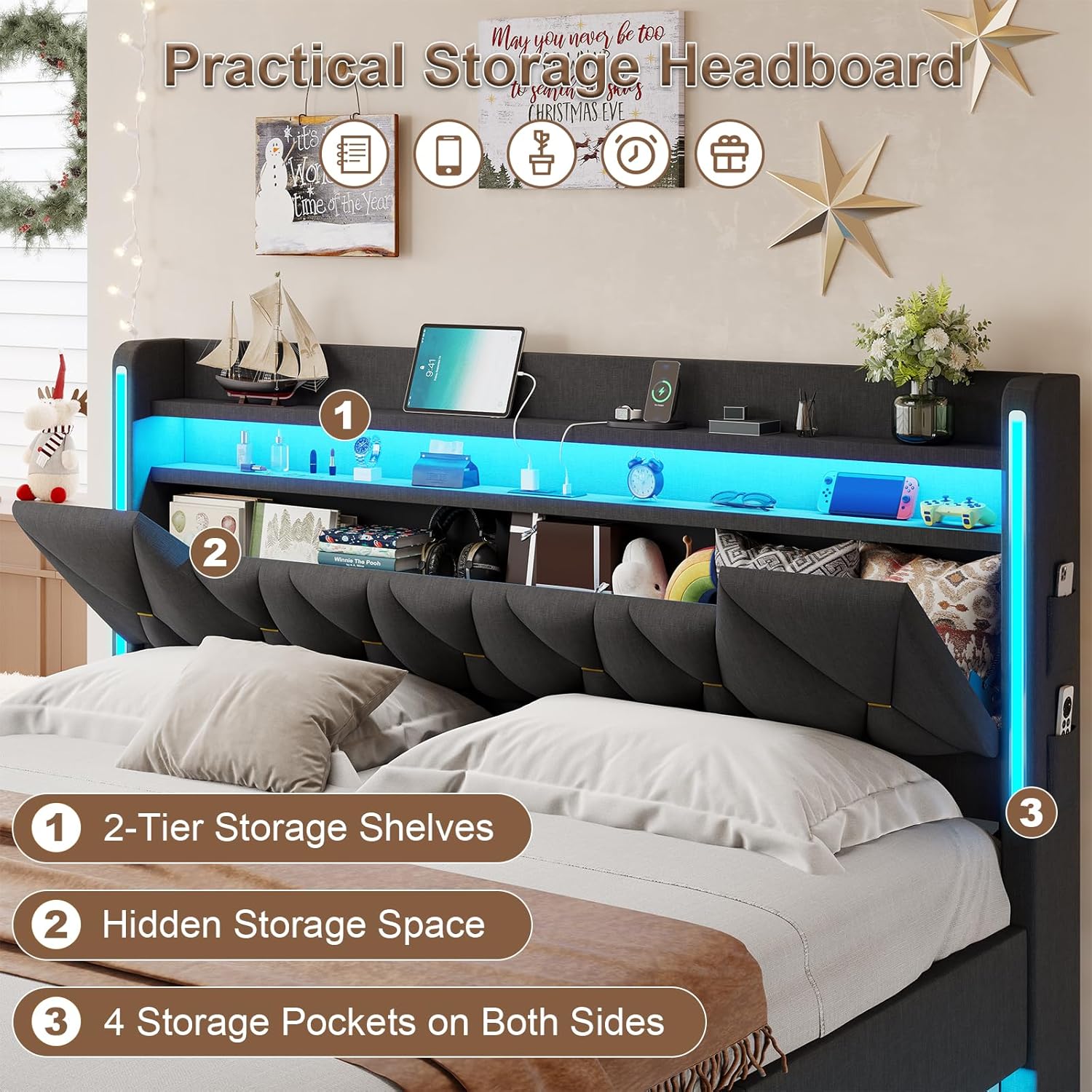 Detailed view of the practical storage headboard with two-tier shelves, hidden storage space, and side pockets.