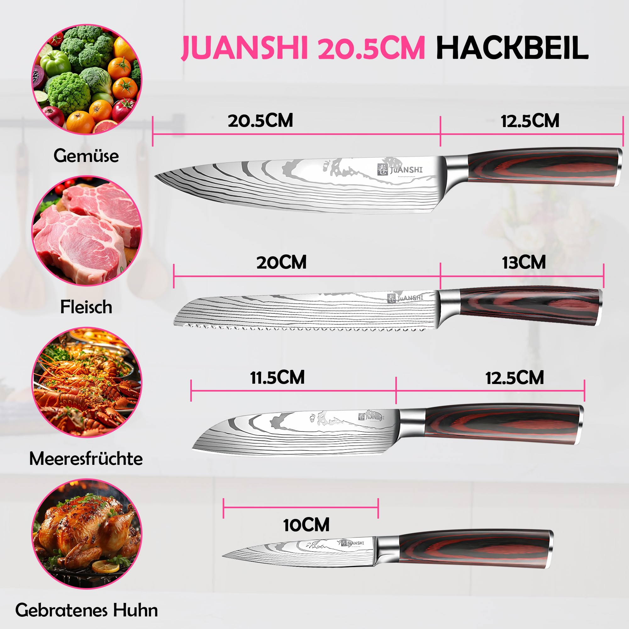 JUANSHI® 4-częściowy zestaw noży – profesjonalny zestaw noży kuchennych z wysokiej jakości stali nierdzewnej, ostre ostrza, w tym Santoku, nóż kuchenny, nóż do chleba i nóż uniwersalny, idealny