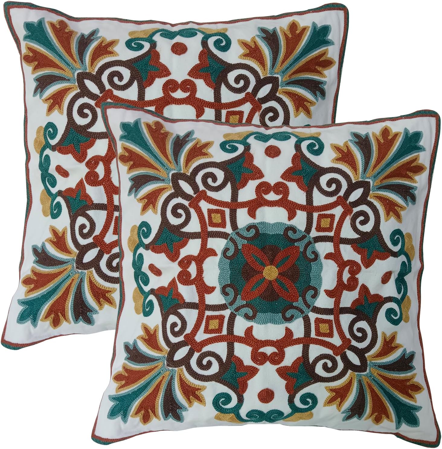 Generic 2 Pack Embroidered Throw Pillow Cover 18"" x18'', 100% Cotton Square Boho Decorative Cushion Case for Sofa Living Room Couch(Brown Teal Tan)