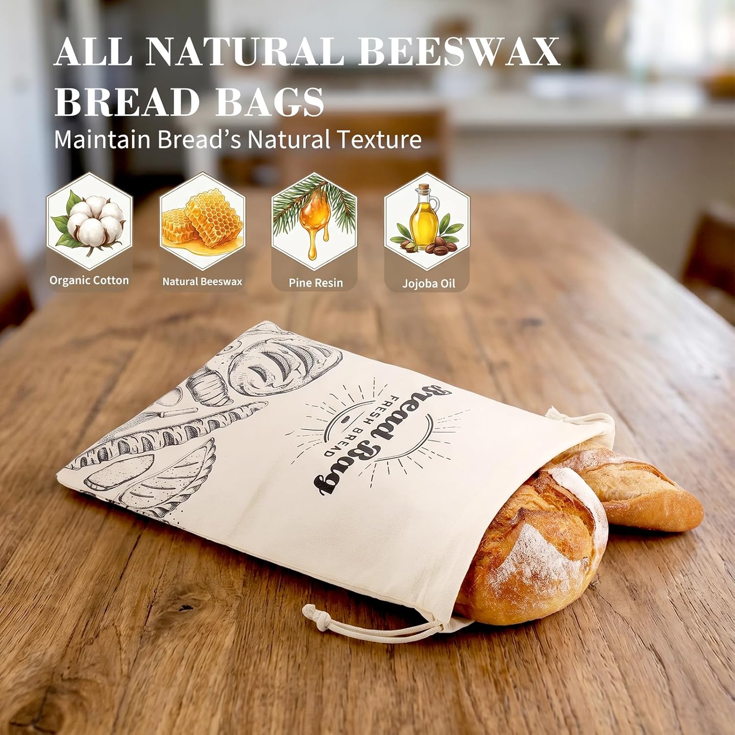 2 Pack Beeswax Bread Bag for Sourdough, Reusable Organic Bread Storage Bags for Homemade Bread, 16.2'' x 12.4'' Food Storage Cloth Bag, Eco-Friendly Cotton Waxed Bags for Bakery Essentials
