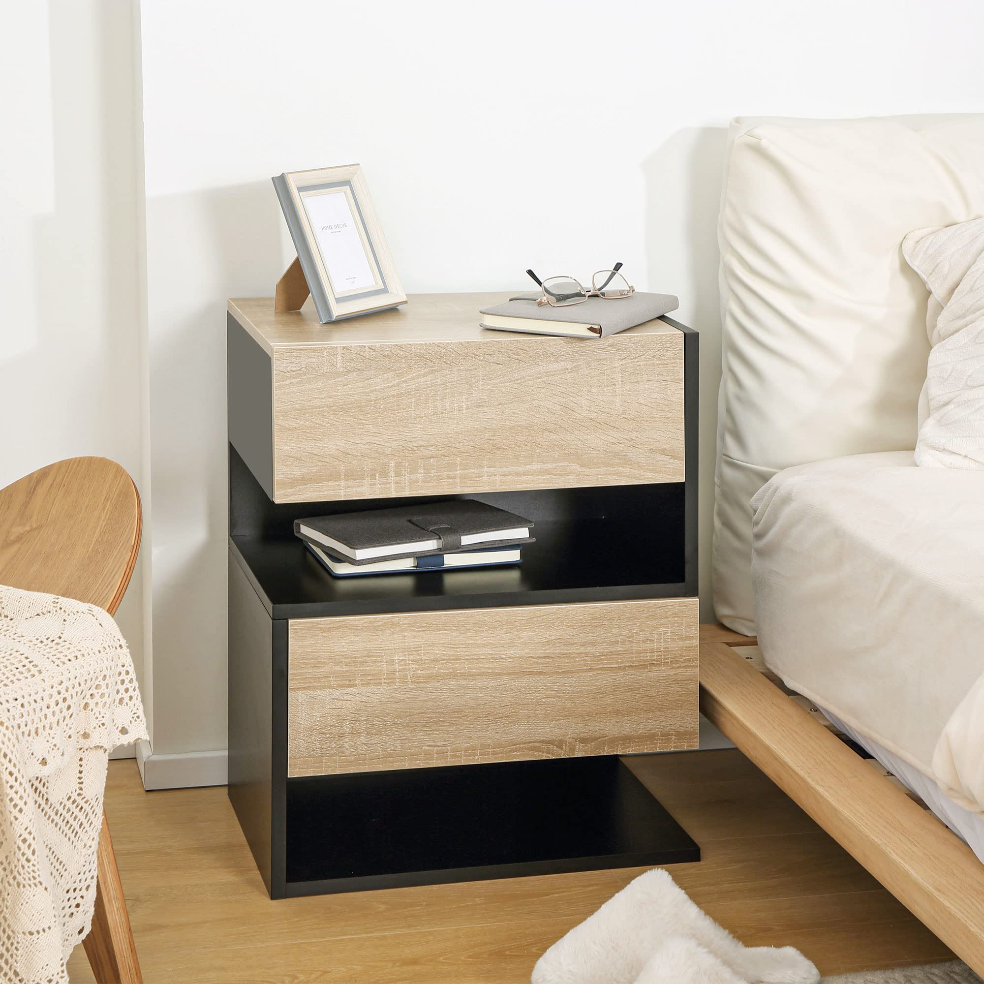HOMCOM Juego de 2 Mesitas de Noche Flotantes Mesitas de Noche Colgantes con 1 Cajón y Estante Abierto para Dormitorio 46x30x30 cm Roble y Negro