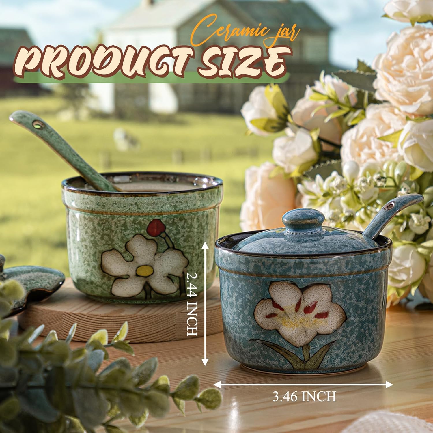 2 Pack Retro Hand Painted Flower Ceramic Salt Pepper Cellar with Lid and Spoon, Heavyweight Round Sugar Spice Containers Porcelain Jar for Housewarming Gift, Artisan Kitchen Decoration