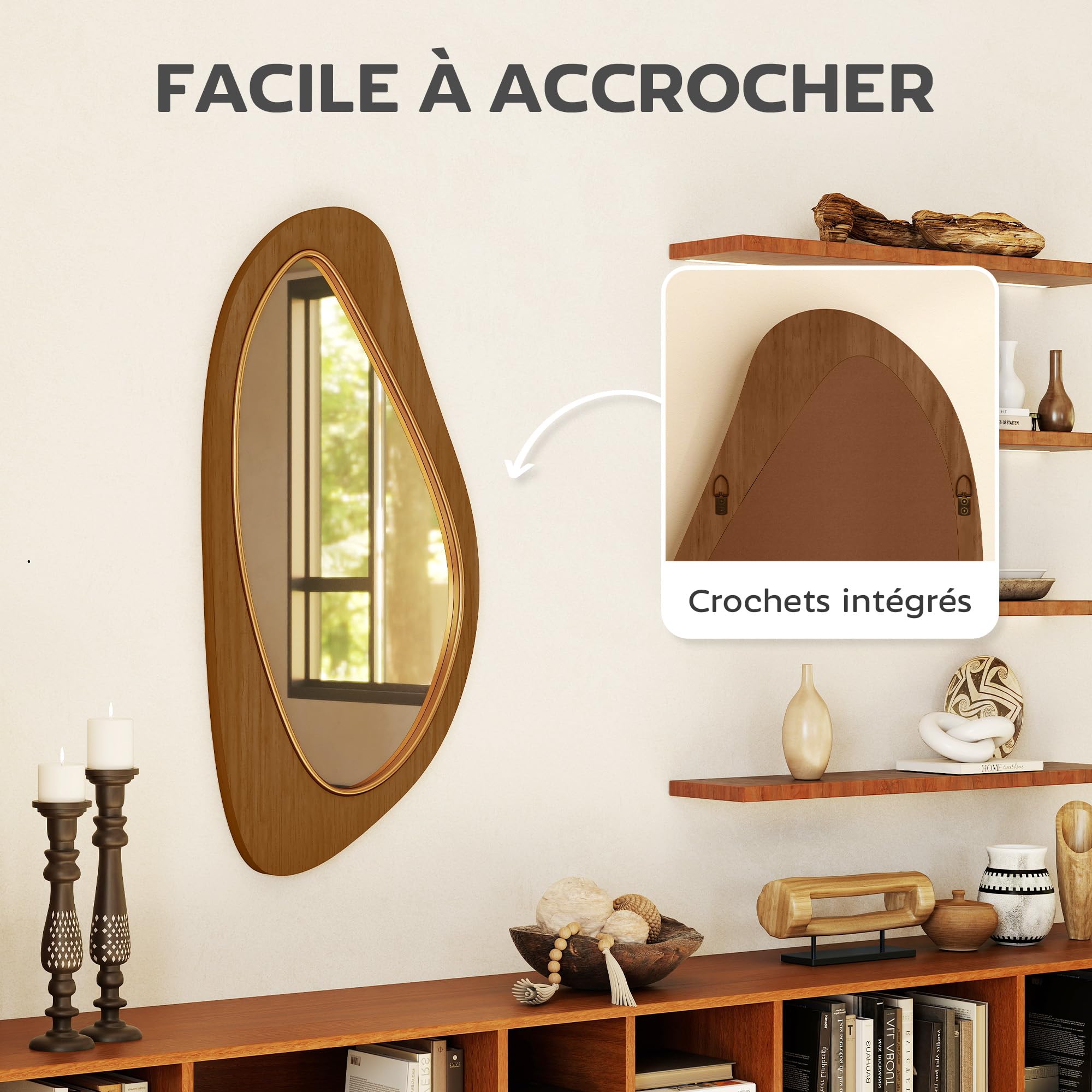 HOMCOM Miroir Mural asymétrique 91,5 x 45 cm Suspendu Effet Bois Naturel | Moderne, Cadre en Bois, pour Chambre, Salon, Dressing, Entrée