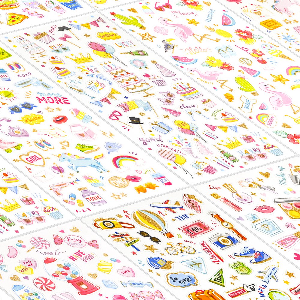 BREEZYPALS Stickers for Kids, Glitter Scrapbook Stickers Set, 800+ Count 18 Sheets, Including Unicorn, Flamingo, Birthday Decor, Food, Travel Planner Sticker for Children, Teacher 1 Pack Original