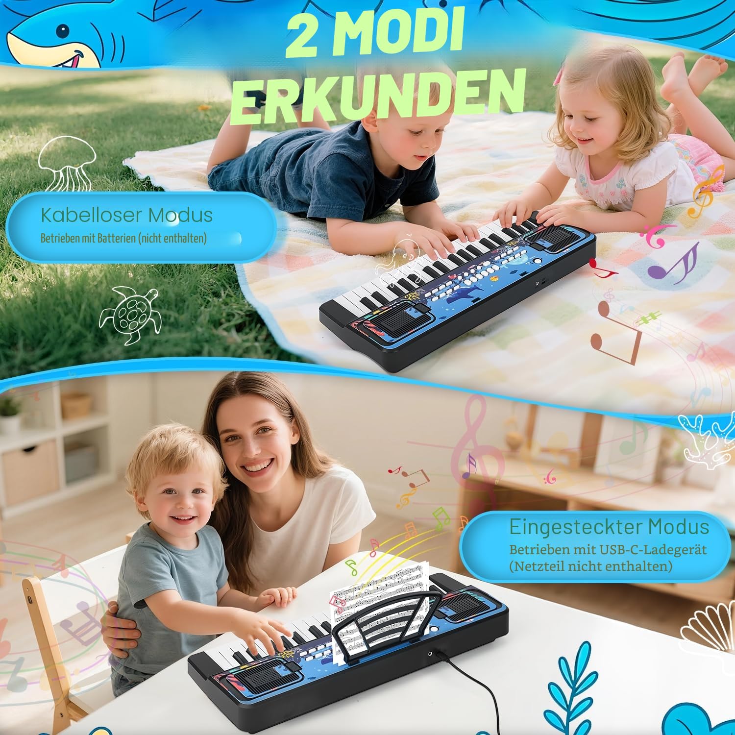 Kinder Keyboard Klavier mit Mikrofon Notenständer, 37 Tasten Tragbare Elektronische Kinderklavier Musik Spielzeug ab 3 4 5 6 Jahren, Geburtstag Weihnachten Geschenke für Jungen/Mädchen, Schwarz