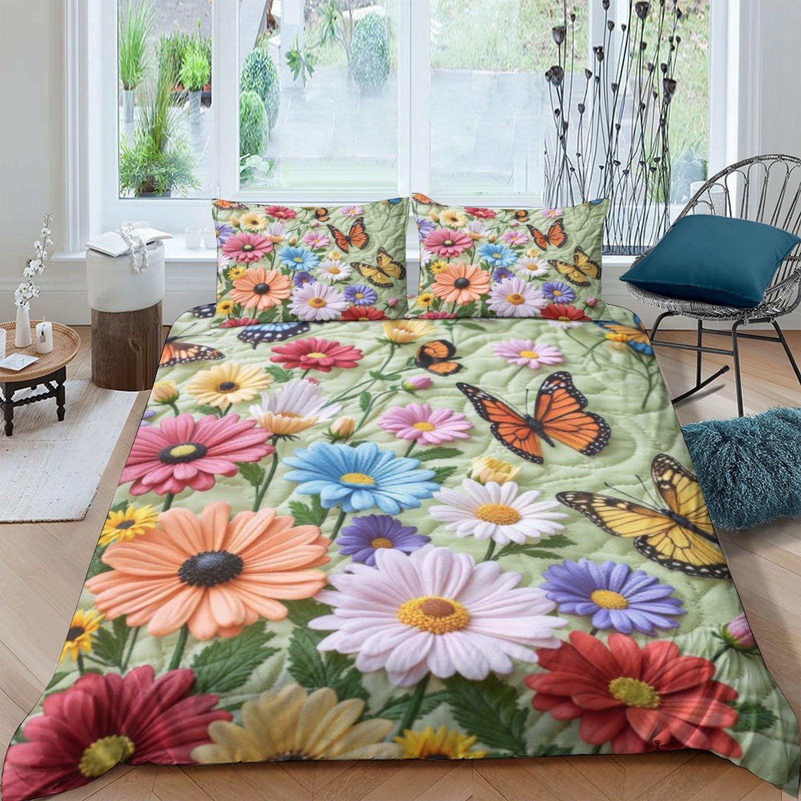 TUFRTGYHN 3D Printed Floral Butterfly Duvet Cover Microfiber Soft Breathable Wildflower Bedding Set with 2 Pillowcases for Bedroom Decor Single（135x200cm）
