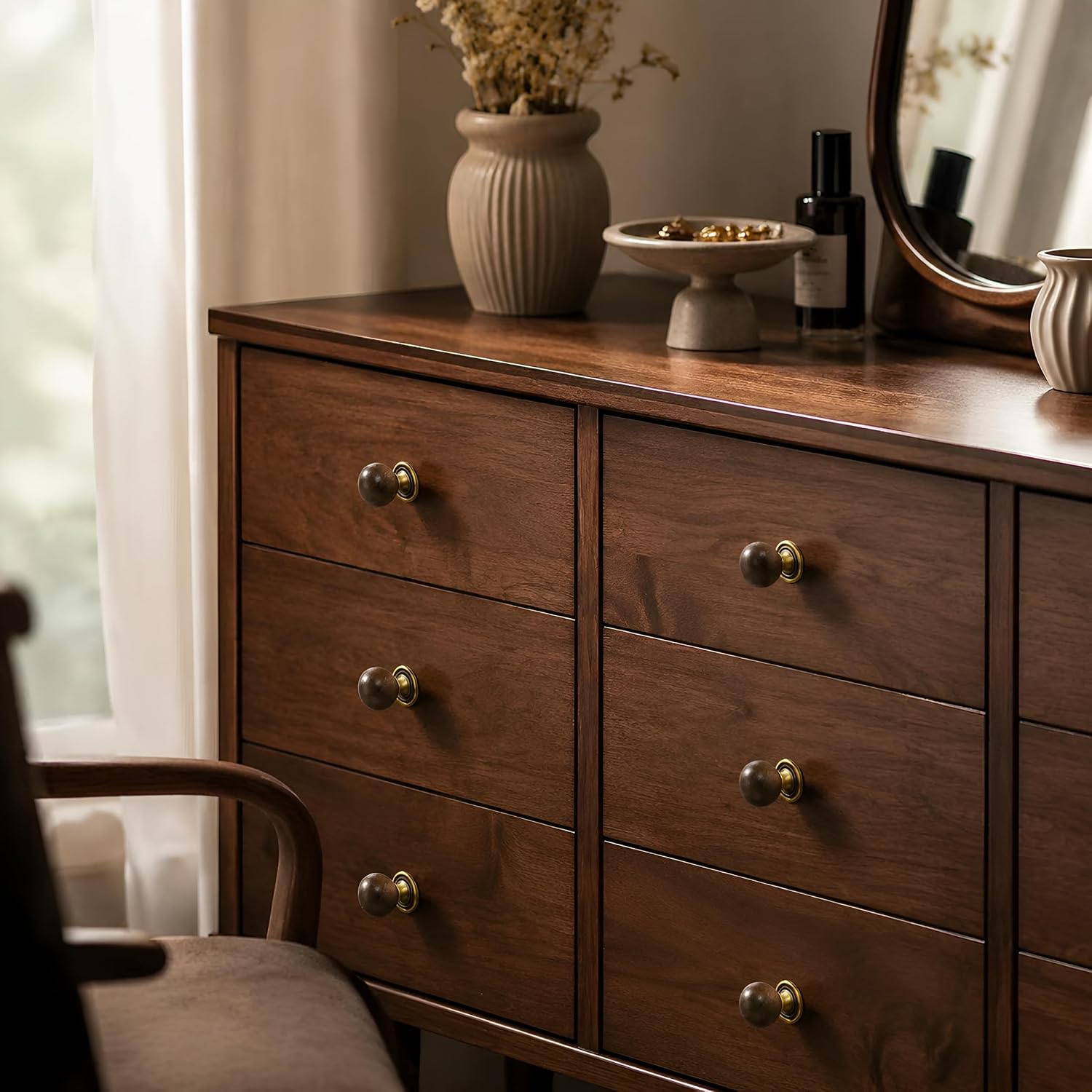 Natural Walnut Brass Cabinet Knobs, 6 Pack with 35/45mm Mounting Screws | Unique Natural Wood Grain Texture,Ideal for Cabinets, Drawers & Farmhouse Decor,Widely Fit Kitchen, Bathroom Furniture