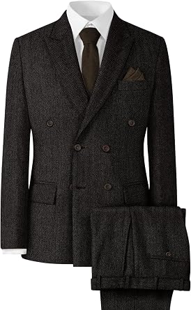 Mens 2 Pieces Suit Slim Fit Double Breasted Herringbone Tweed Suit for Mens Jacket Pants Set Tuxedo for Wedding