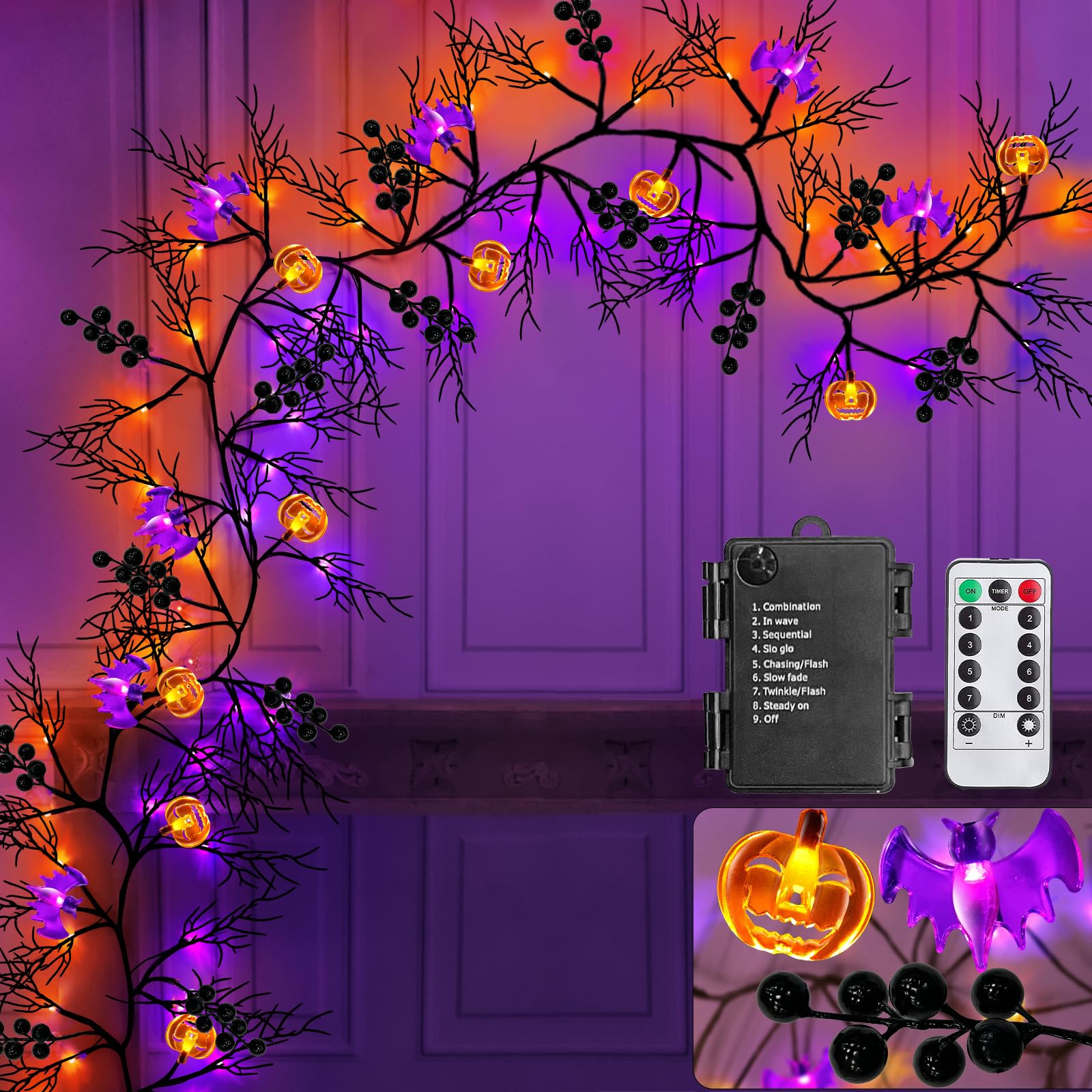 TURNMEON Remote Control Extra Long 9 Ft 72 LED Orange Purple Lights Halloween Willow Twig Decor Halloween Garland Timer 8 Modes Berries 12 Bat Pumpkin Lights Battery Halloween Decorations Indoor Home