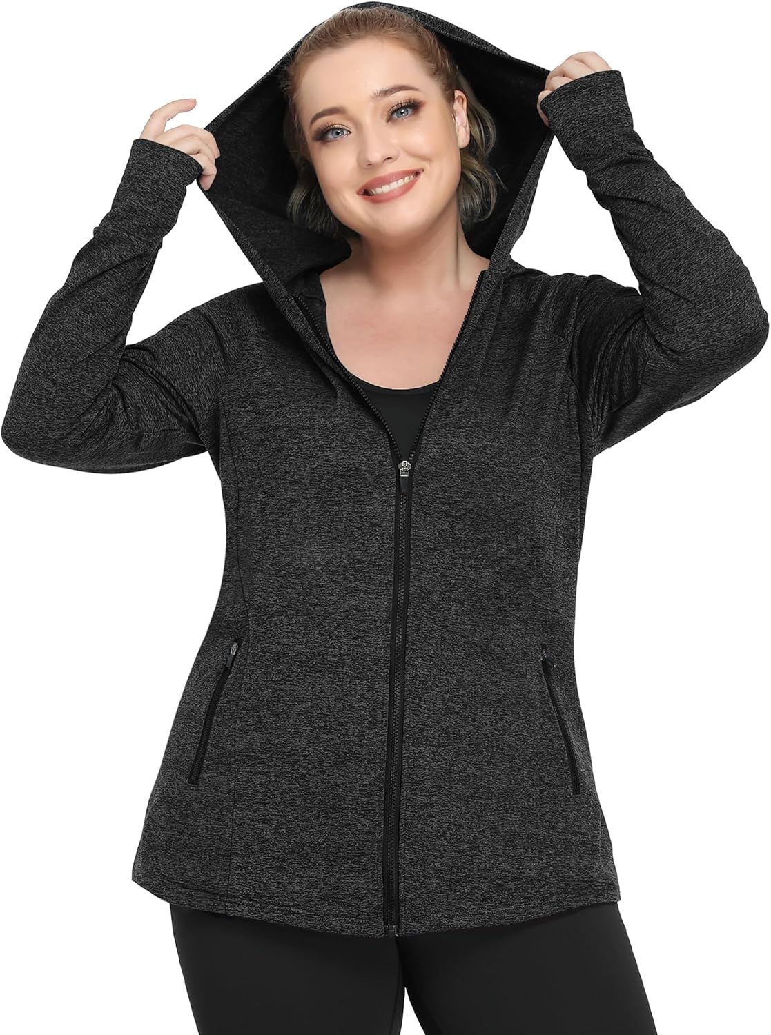 FOREYOND Plus Size Fleece Jackets for Women Thermal Zip Up Hoodies Running Athletic Winter Coats with Thumble Holes