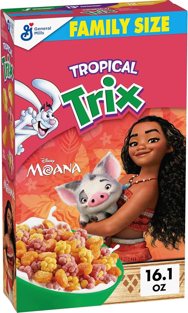Cereal de Desayuno Tropical Trix, Disney Moana, Tamaño Familiar, 16.1 oz | Elaborado con Grano Entero, Figuras Temáticas de Moana con Sabores de Frutas Tropicales y Colores Naturales 16.1 Onzas (Paquete de 1)