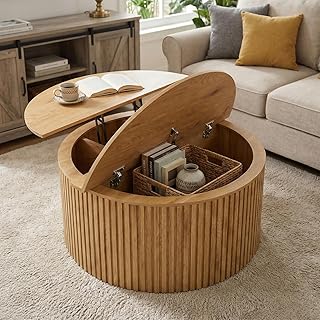 Couchtisch Rund mit Hebeplatte, Höhenverstellbar Beistelltisch mit Verstecktem Stauraum, Kaffeetisch Aufklappbar für Wohnzimmer, Schlafzimmer, Kleine Räume, Büro