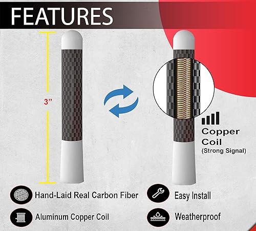 Miniatura 2 de ICBEAMER - Antena automotriz corta de aluminio blanco con acabado pulido de fibra de carbono de 3 pulgadas (76 mm) con bobina de cobre interna de