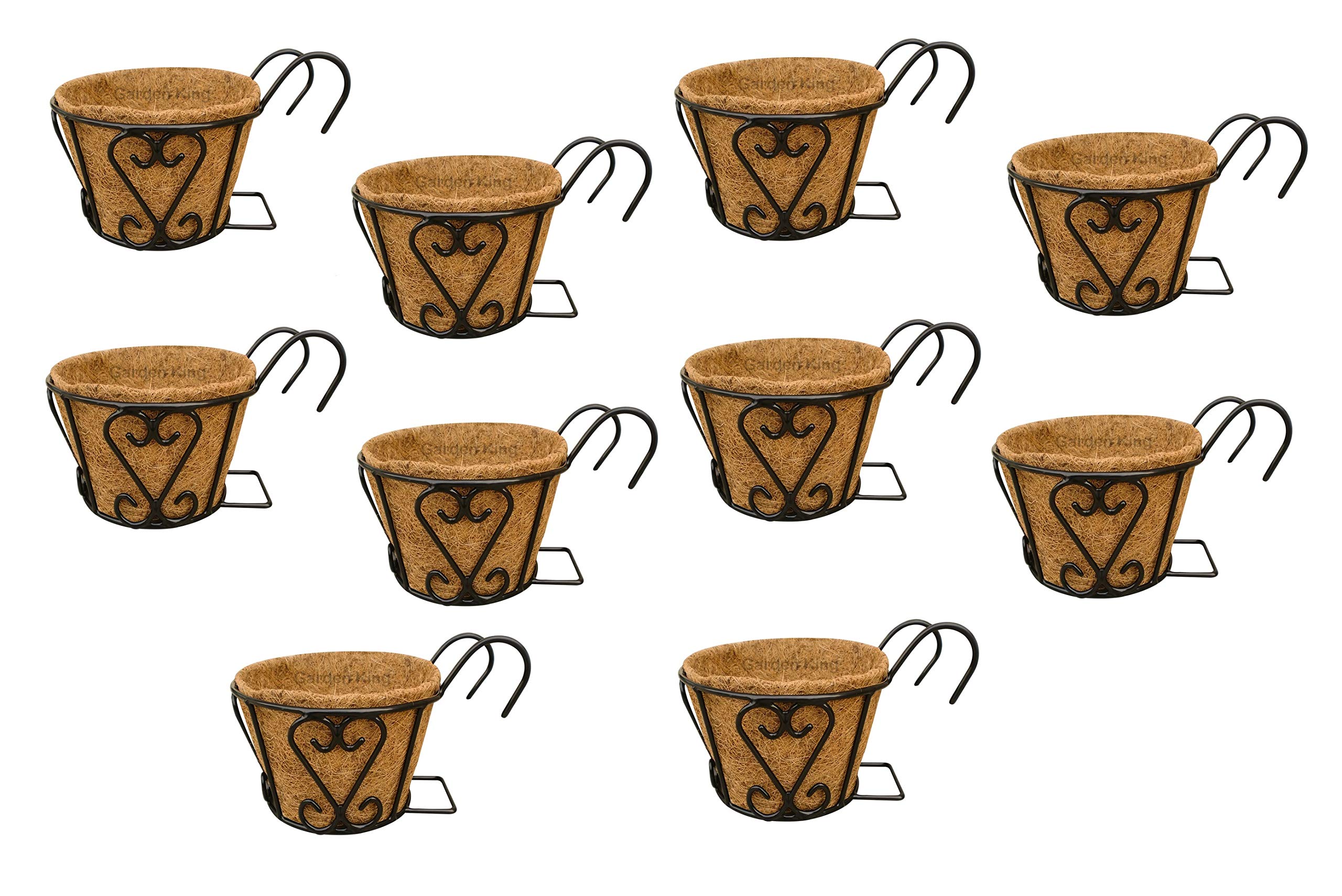 GARDEN KING 8 Inch Railing Pots with Coir Liner. Railing Planters, Hanging Flower Pots for Grills, Home Gardening Outdoor Metal Plant Pots (Pack of 10 pcs (Black)