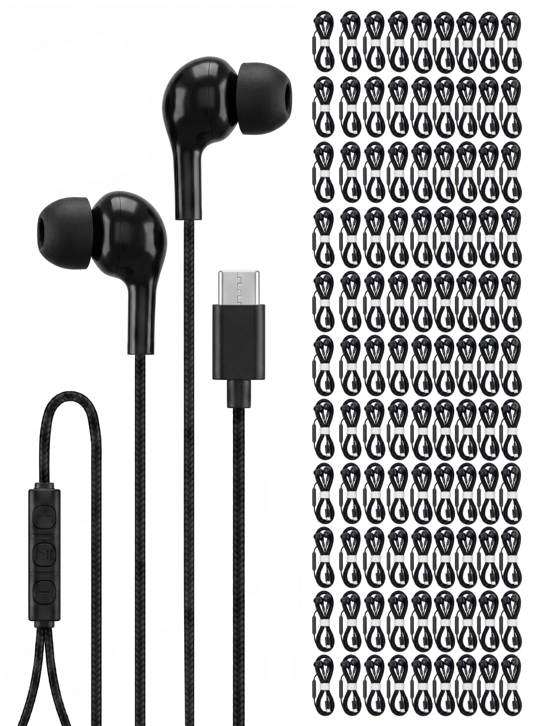Onyx Lot de 100 écouteurs USB C avec micro, écouteurs filaires de type C antibruit pour iPhone 17 16 15 Pro Max Plus, iPad Pro, MacBook, Galaxy S26 S25 S24, Pixel, école, salle de classe, bureau