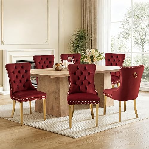 Miniatura 119 de Juego de 6 sillas de comedor de cuero, sillas laterales con respaldo alto, silla lateral tapizada moderna con anillo trasero de botón, patas de negro