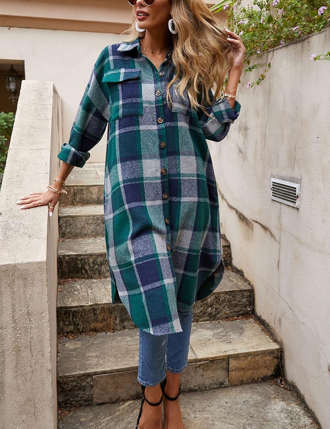 Himosyber Women's Casual Plaid Lapel Woolen Button Up Pocketed Long Shacket Coat - Image 2