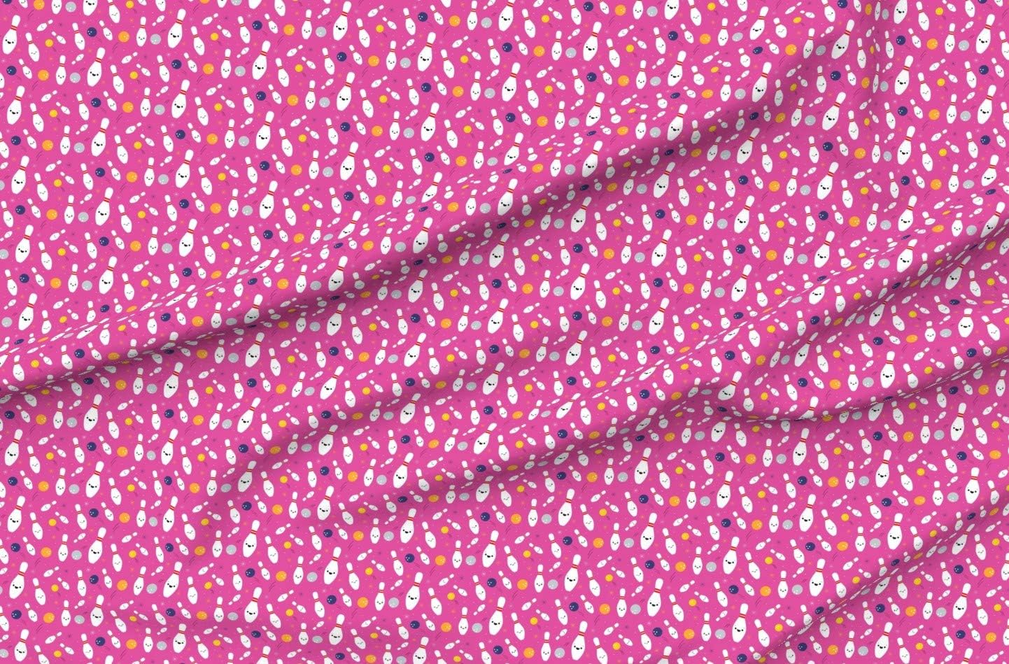 Spoonflower Fabric - Happy Bowling Party Pink Ball Strike Cute Kawaii Retro Printed on Organic Cotton Sateen Fabric by The Yard - Sewing Quilting Apparel Home Decor