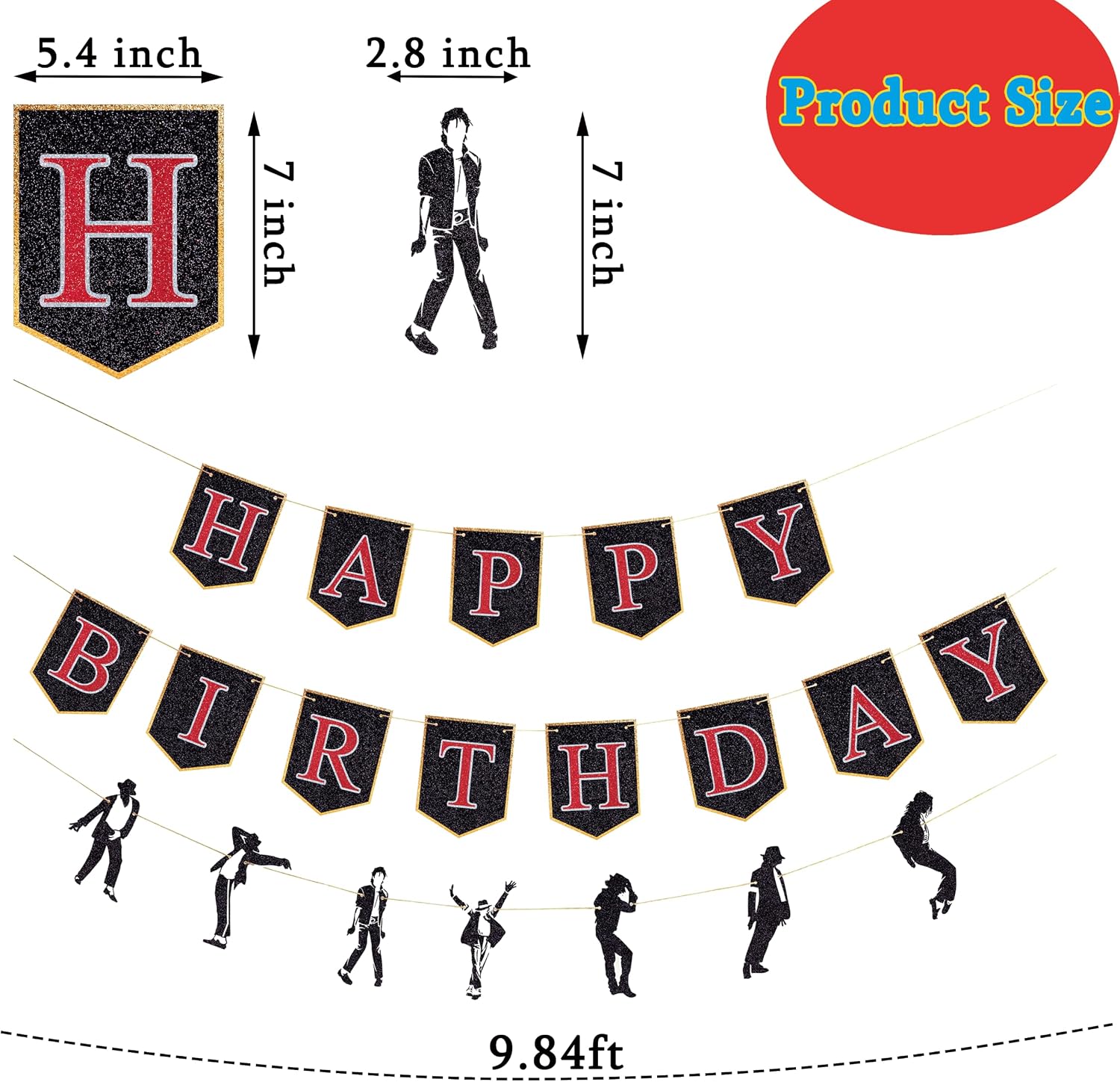 Cool Pop Happy Birthday Banner Glitter Black and Red Jazz Dance Birthday Decorations Pop Music Dancing Anniversary Party Supplies