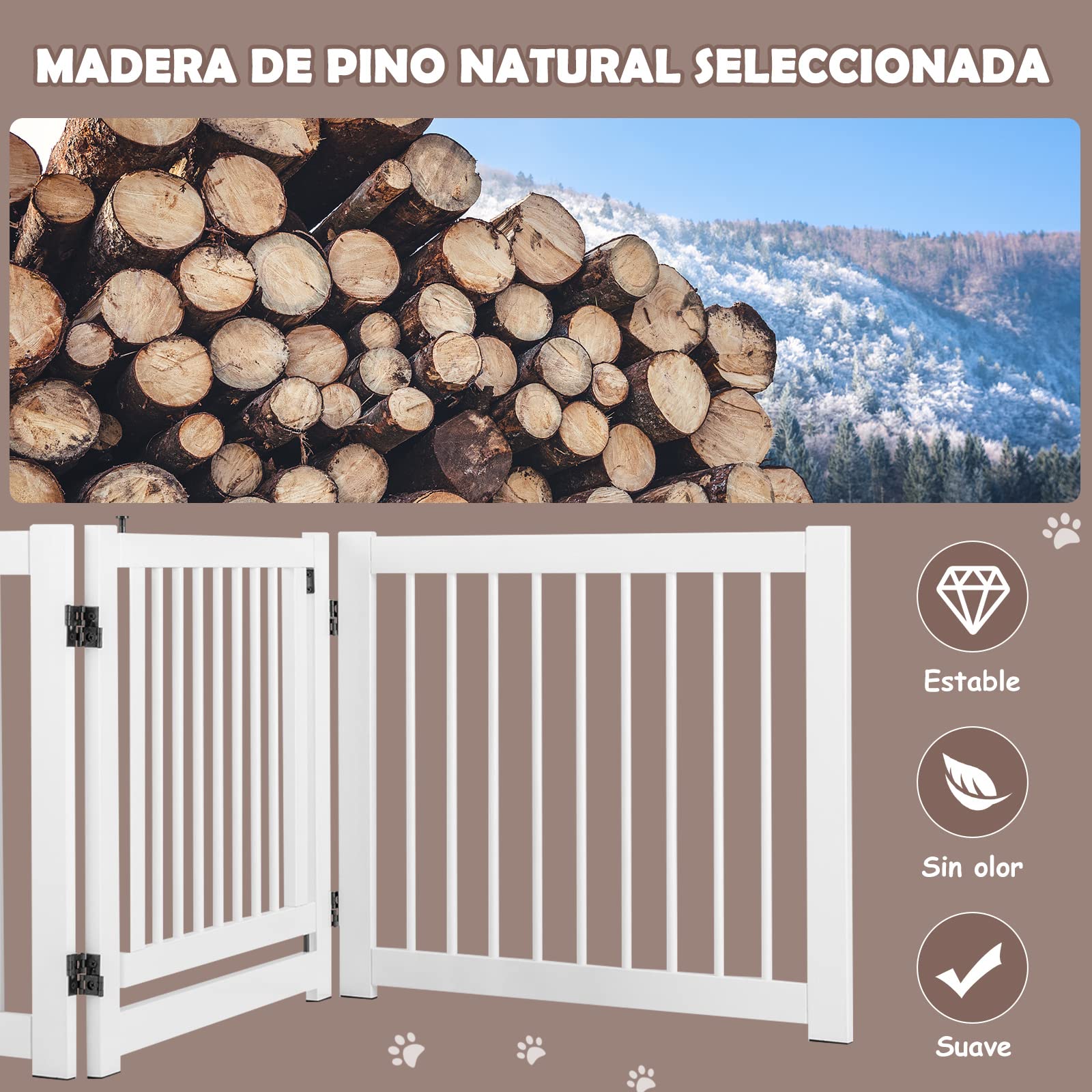 COSTWAY Barrera Plegable de 3 Paneles, Barrera de Seguridad Extensible para Perros, Recinto de Seguridad de Pino para Puertas, Escaleras, Pasillos, Montada 210 x 61 x 1,8cm