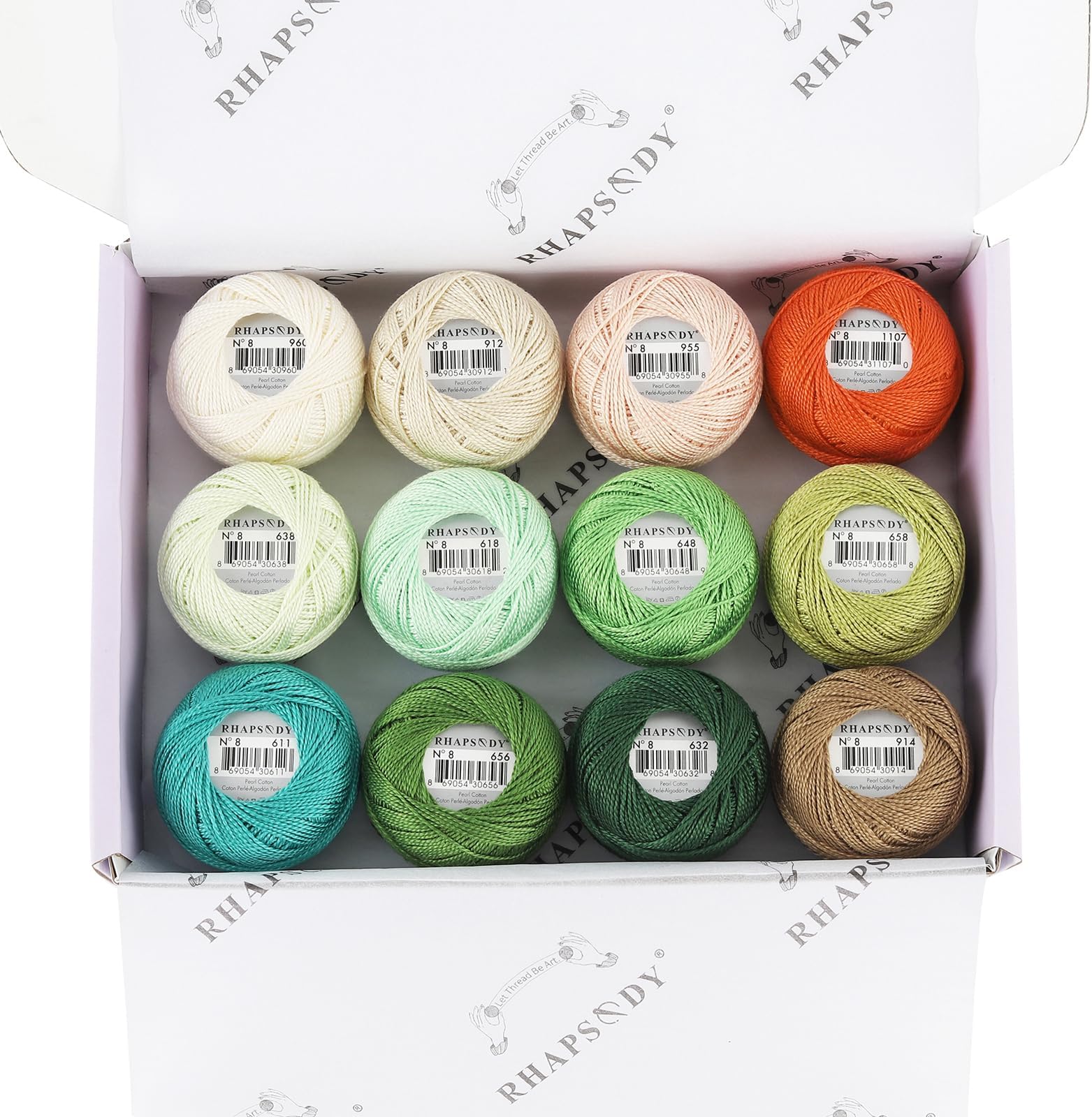 Rhapsody Perle Cotton Thread Size 8 Crochet Thread Pearl 12 Balls Egyptian Cotton Mercerized Hand Knitting, Embroidery, Sashiko, Cross-Stitch, Sewing, Needlepoint, DIY, Quilting (Set Rolling Hills)