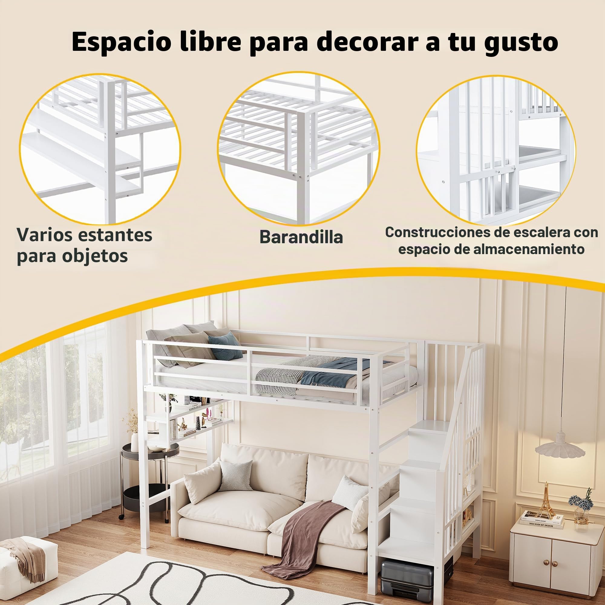 Moimhear Cama alta, 90 x 200 cm, cama de hierro, estantes, escalera de almacenamiento, espacio libre debajo de la cama para disfrazarse, barandilla, sin colchón (blanco)