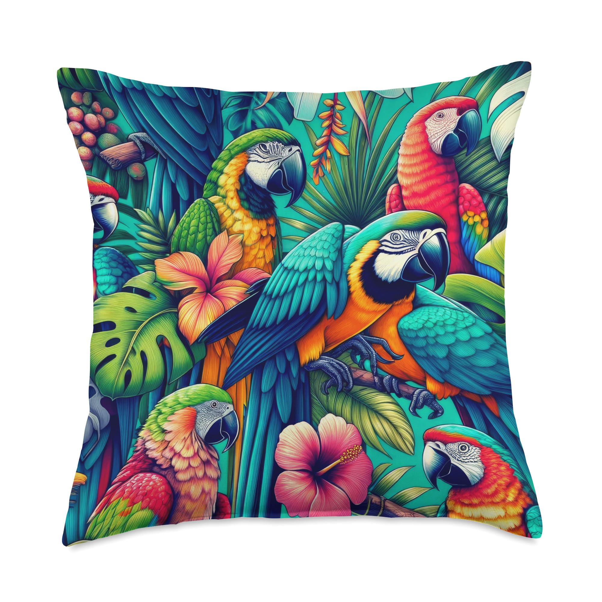 Parrots Tropical Nature Flowers Exotic Birds Floral Parrots Throw Pillow